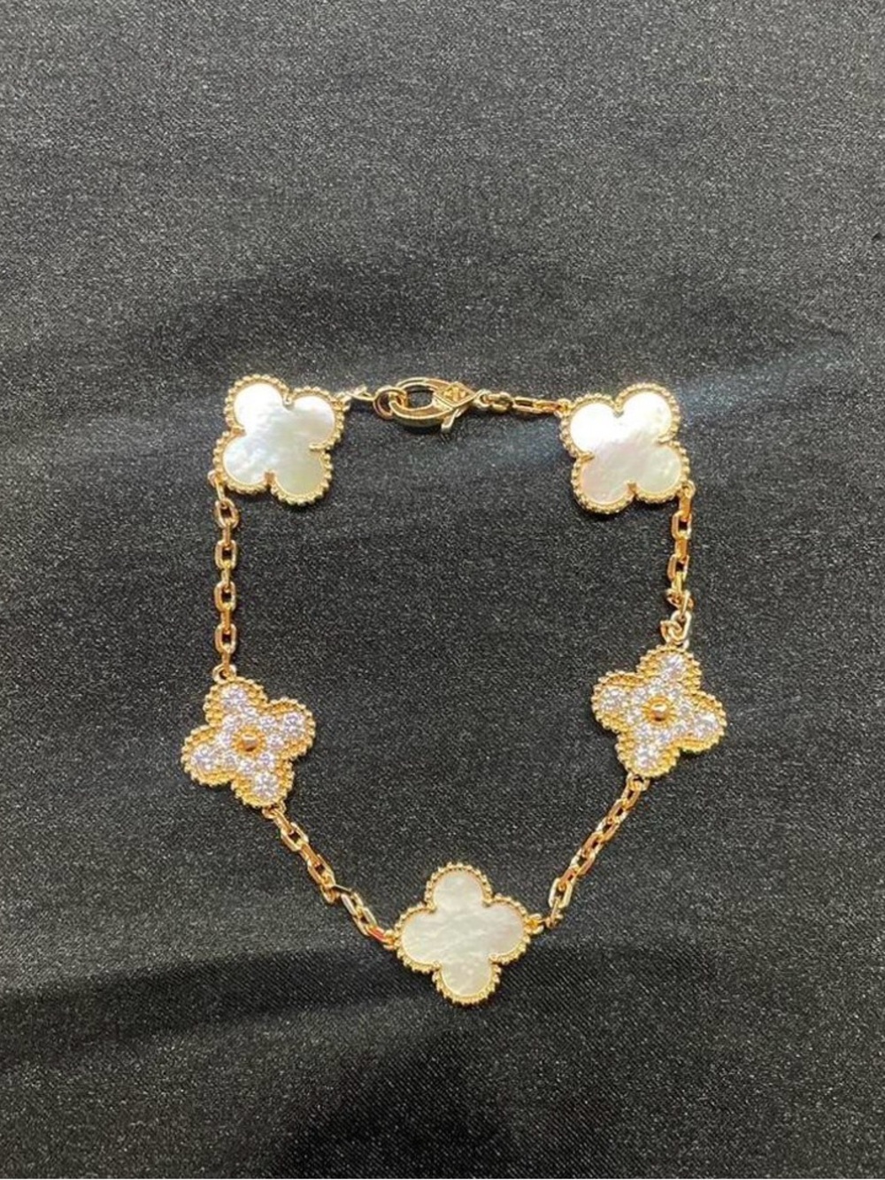 Van Cleef & Arpels Gold Mother-of-Pearl and Pavé Clover Bracelet
